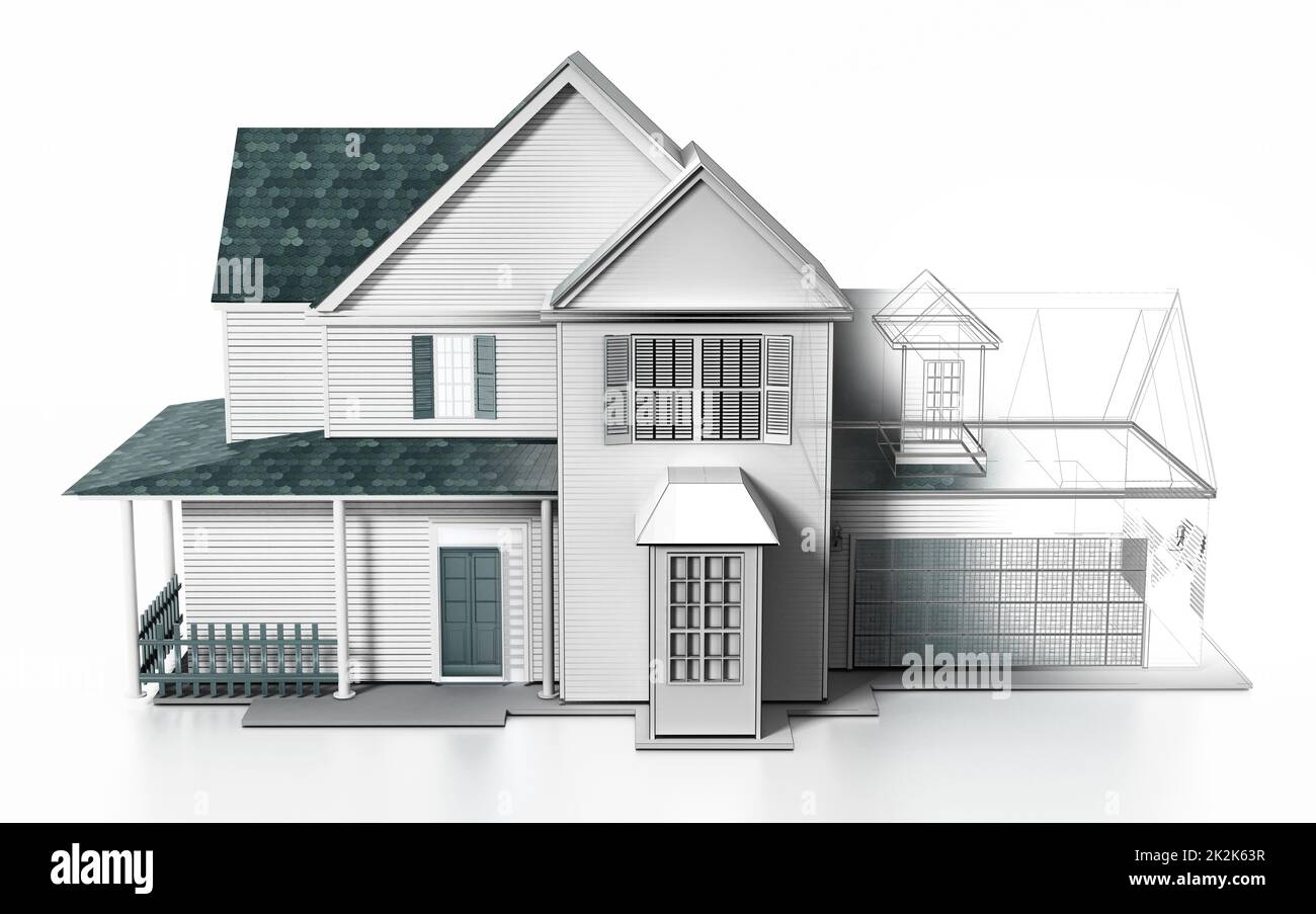 Luxueuse maison moderne avec des pièces en rendu filaire. 3D illustration Banque D'Images