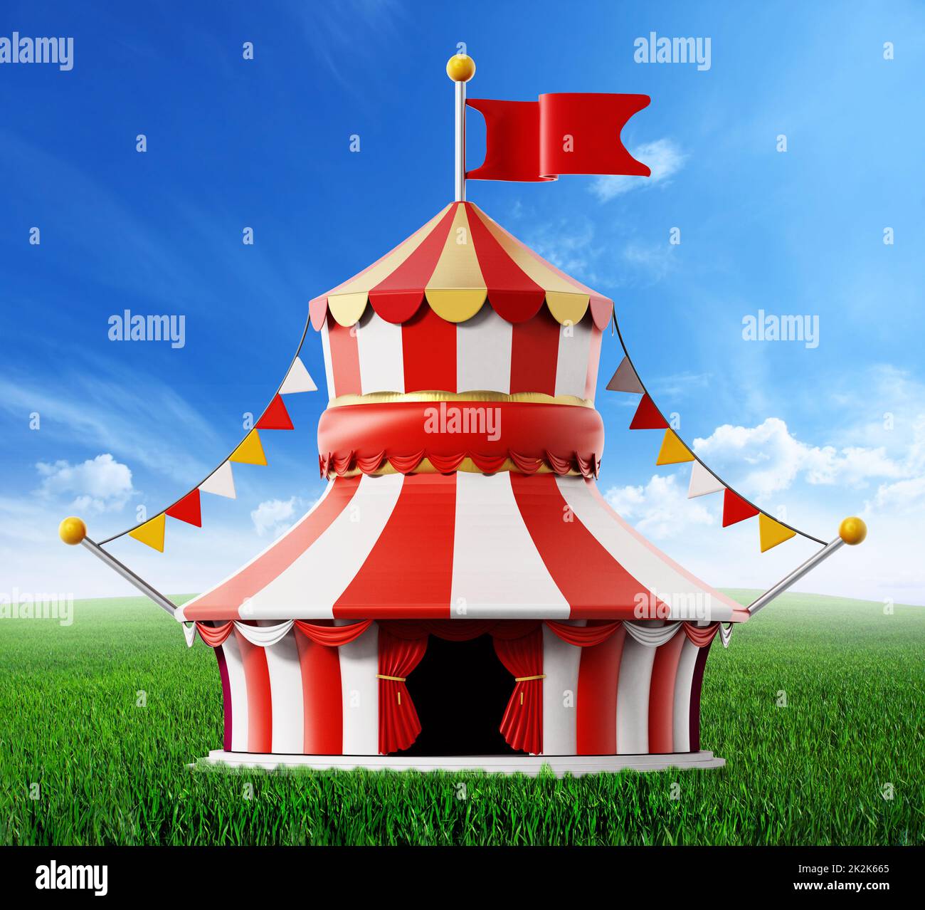 Tente de cirque debout sur un terrain vert contre un ciel bleu. 3D illustration Banque D'Images