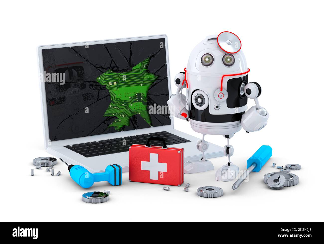 Robot Medic. Concept de réparation d'ordinateur portable. Banque D'Images