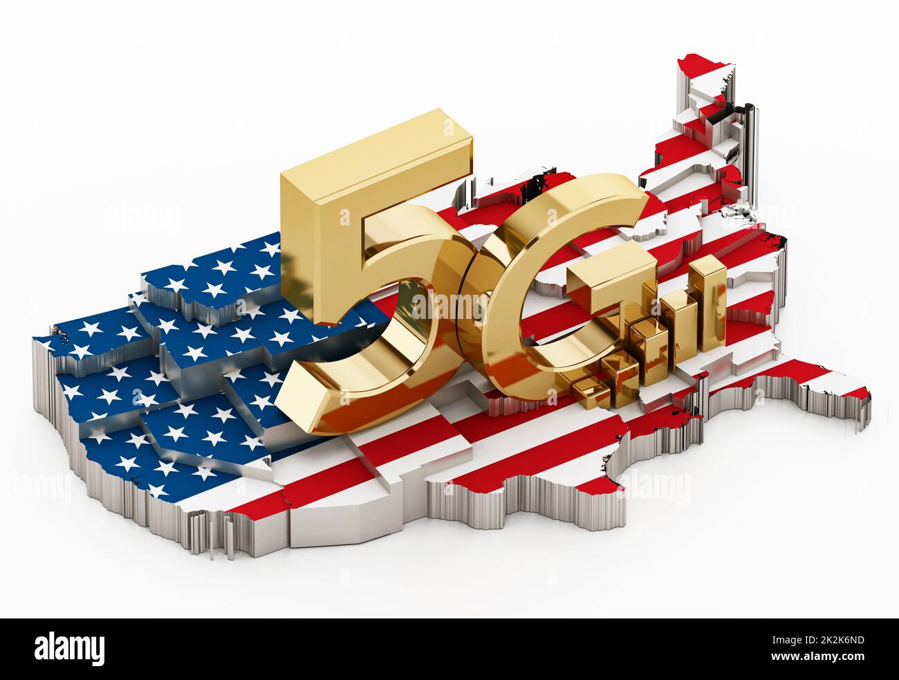 5G mots sur la carte des Etats-Unis couverts d'un drapeau américain. 3D illustration Banque D'Images
