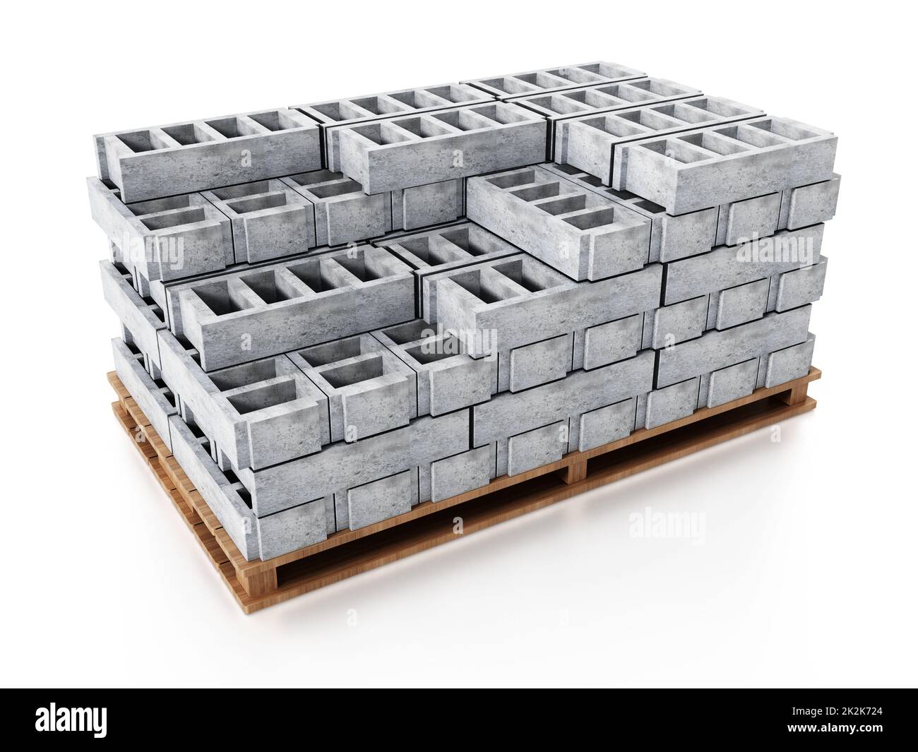 Pile de briques de construction grises sur une base en bois. 3D illustration Banque D'Images