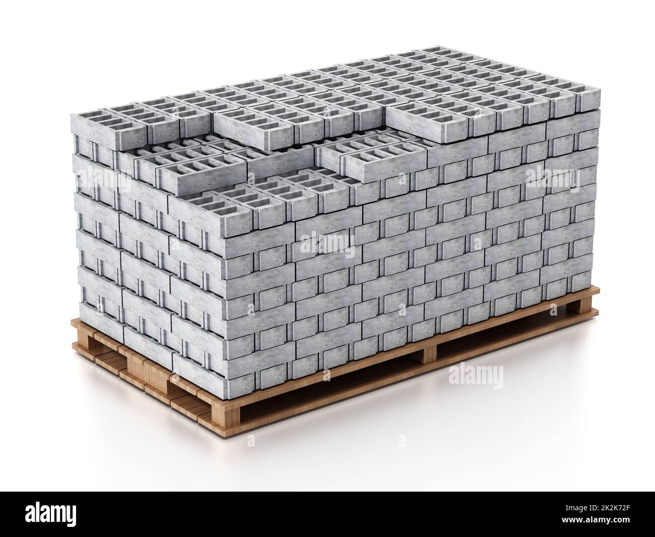 Pile de briques de construction grises sur une base en bois. 3D illustration Banque D'Images