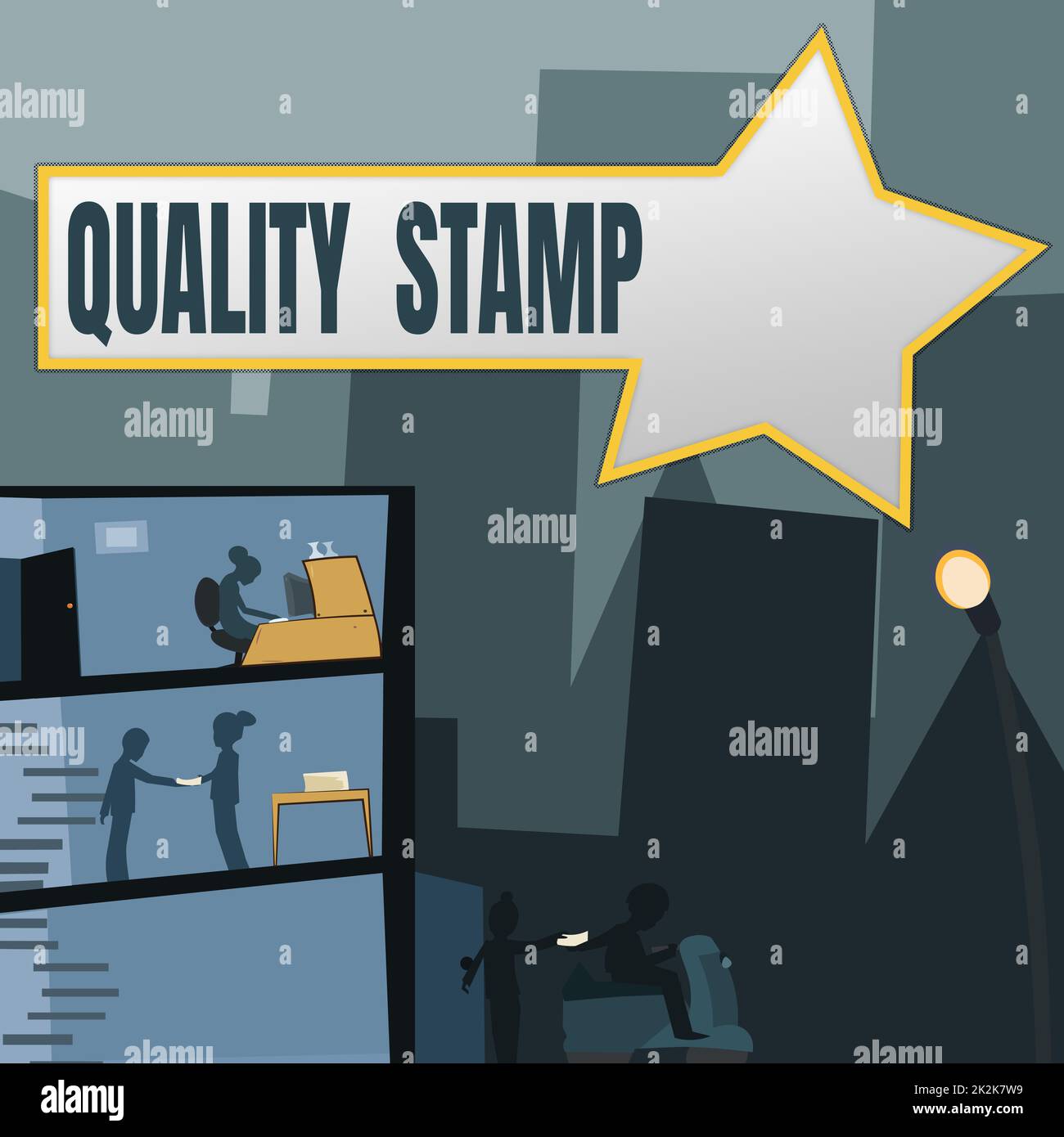 Signature manuscrite Quality Stamp. Mot écrit sur le sceau d'approbation bonne impression qualifié passé Bureau d'inspection bâtiment avec gratte-ciel dessin montrant ville Skyline. Banque D'Images