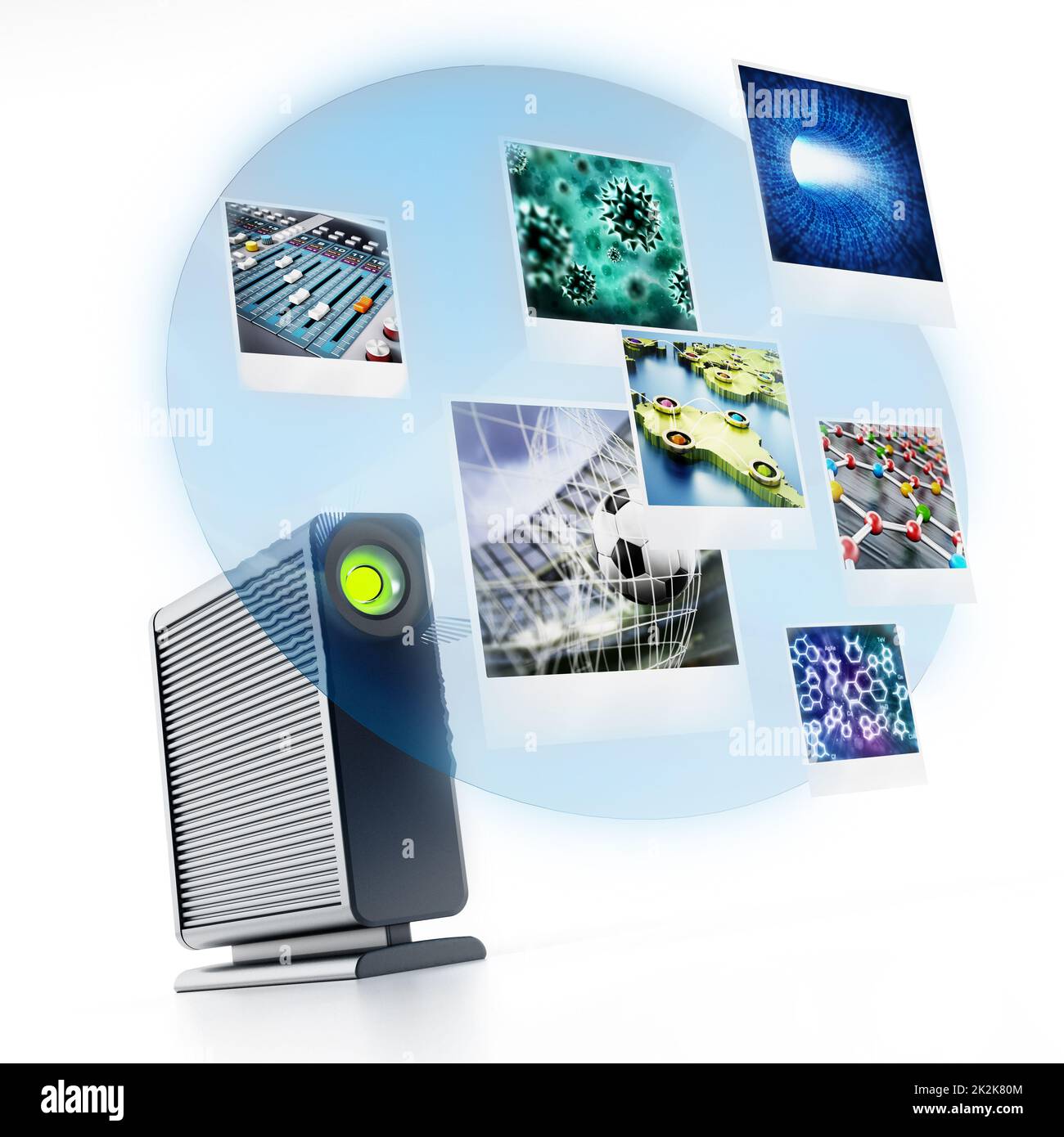 Disque dur externe avec photos projetées. 3D illustration Banque D'Images