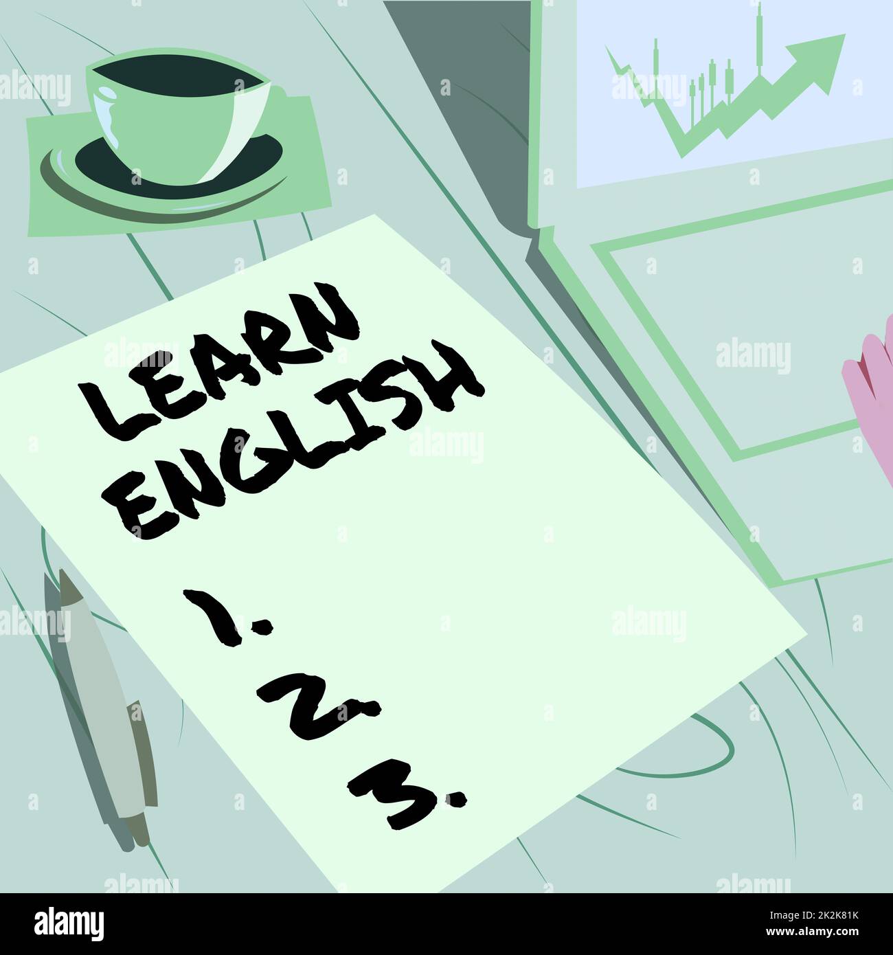 Affiche apprendre l'anglais. Présentation commerciale Universal Language Easy communication et compréhension de l'ordinateur portable reposant à côté de la tasse à café et de la feuille ordinaire montrant le processus de travail. Banque D'Images