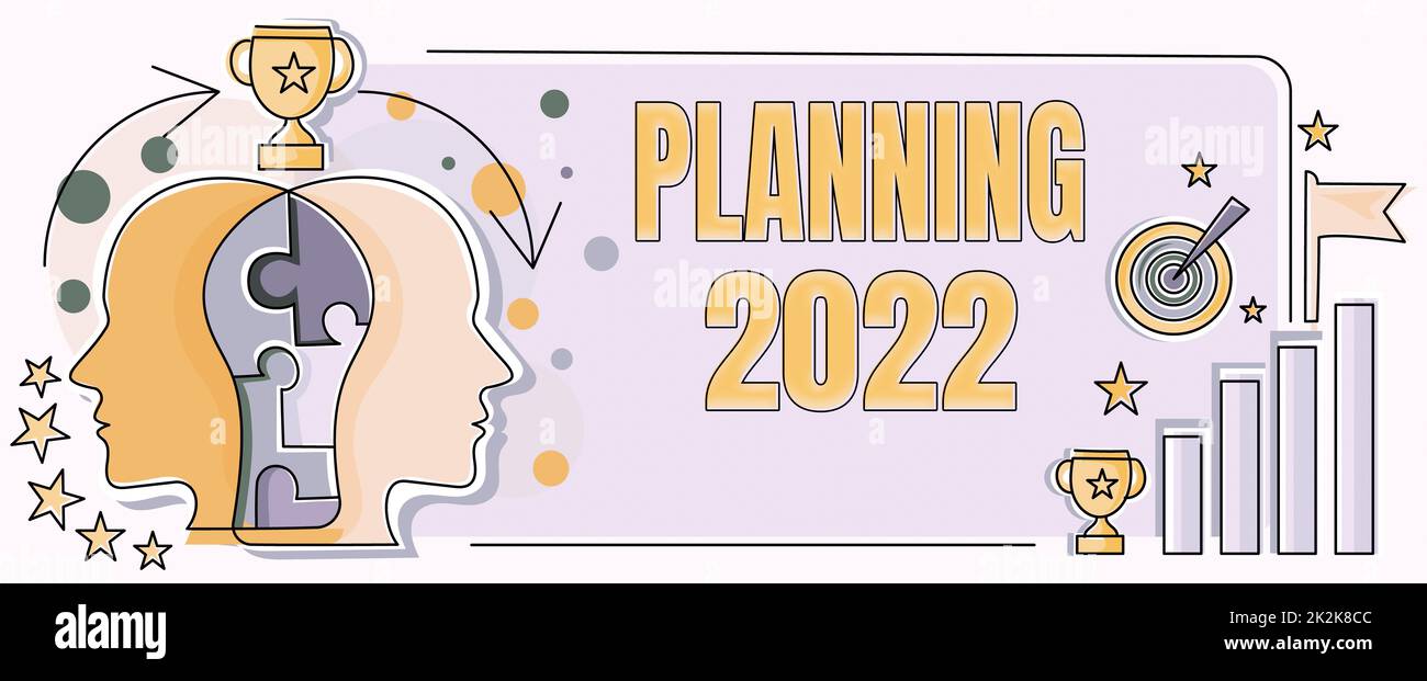Texte montrant la planification de l'inspiration 2022. Concept signification commencer par la fin dans l'esprit positionnement objectifs à long terme mains secouer Signature Contrat débloquer de nouvelles technologies futuristes. Banque D'Images