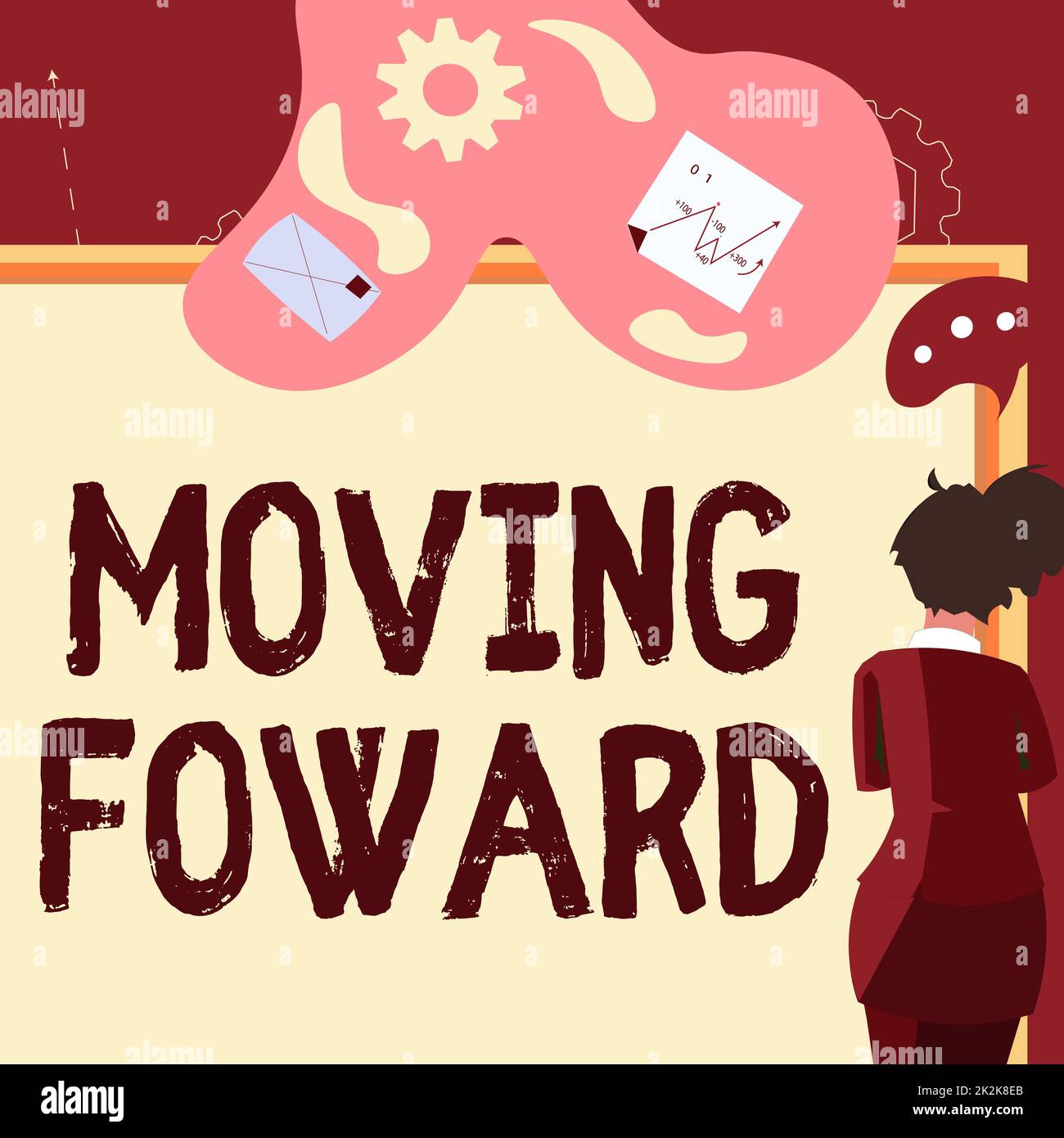 Affiche de texte indiquant Moving Foward. Photo conceptuelle vers un point aller de l'avant faire progresser davantage progrès Businesswoman présentant la proposition commerciale et les mises à jour à bord. Banque D'Images