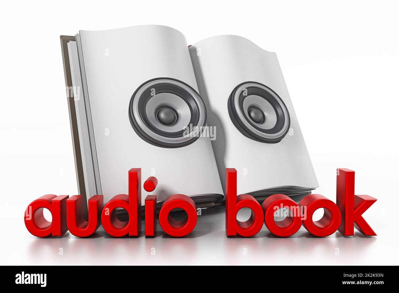 Livre audio avec haut-parleurs sur livre ouvert. 3D illustration Banque D'Images