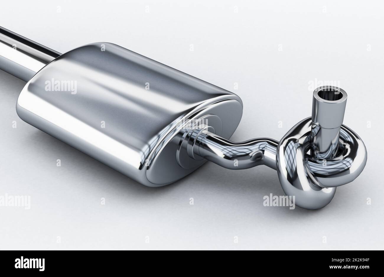 Silencieux des gaz d'échappement de la voiture attaché dans un nœud. 3D illustration Banque D'Images