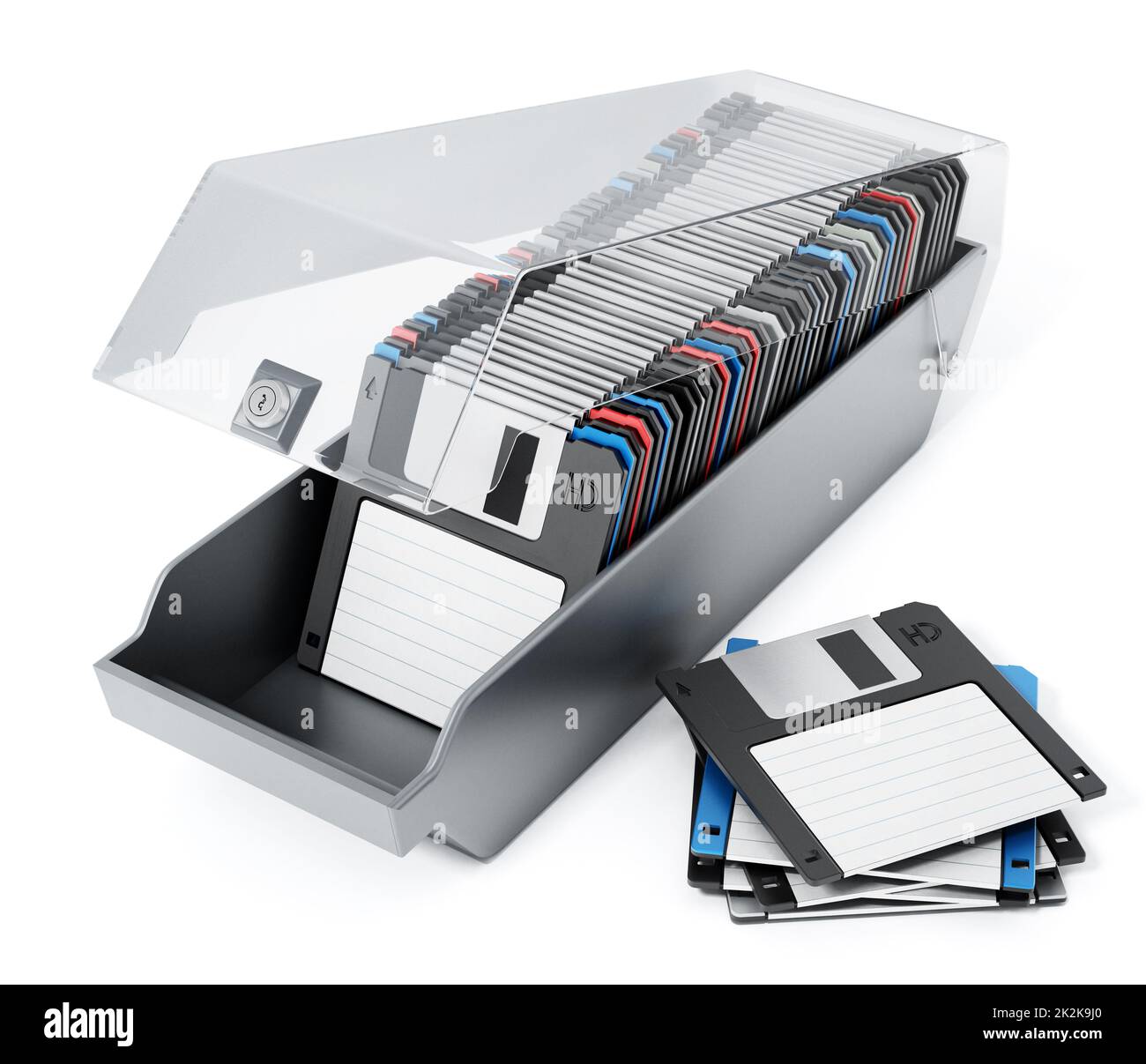 Des disquettes de 3,5 pouces vintage ont été aranquées à l'intérieur de la boîte de disquette. 3D illustration Banque D'Images