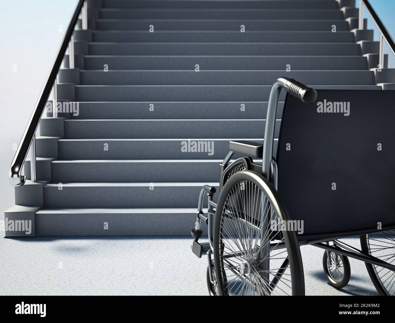 Fauteuil roulant vide devant un escalier raide. 3D illustration Banque D'Images