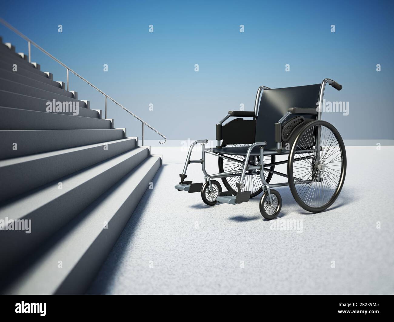 Fauteuil roulant vide devant un escalier raide. 3D illustration Banque D'Images