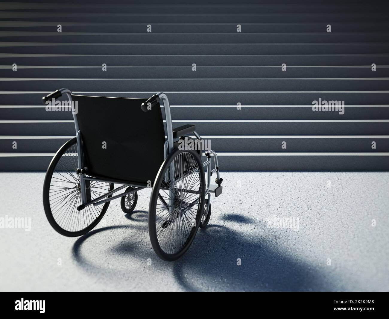 Fauteuil roulant vide devant un escalier raide. 3D illustration Banque D'Images