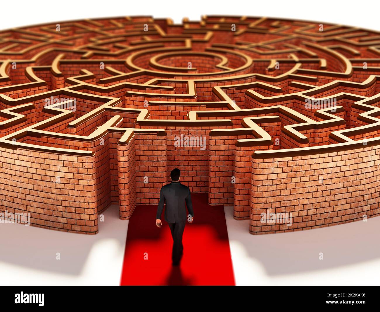 Silhouette d'un homme d'affaires debout à la porte d'un labyrinthe rond. 3D illustration Banque D'Images