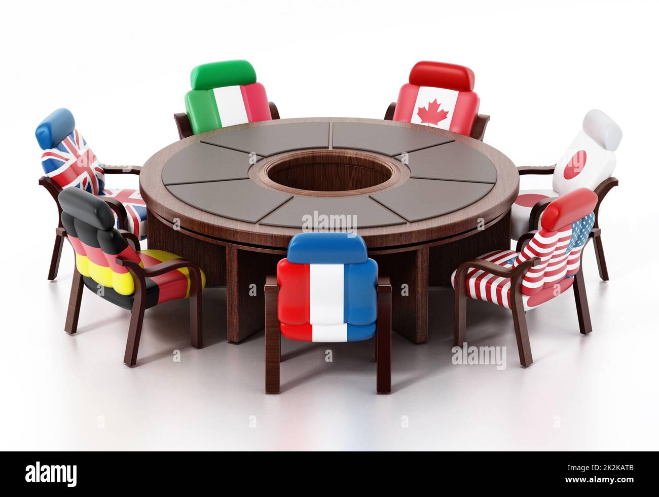 G7 drapeaux autour de la table ronde. 3D illustration Banque D'Images