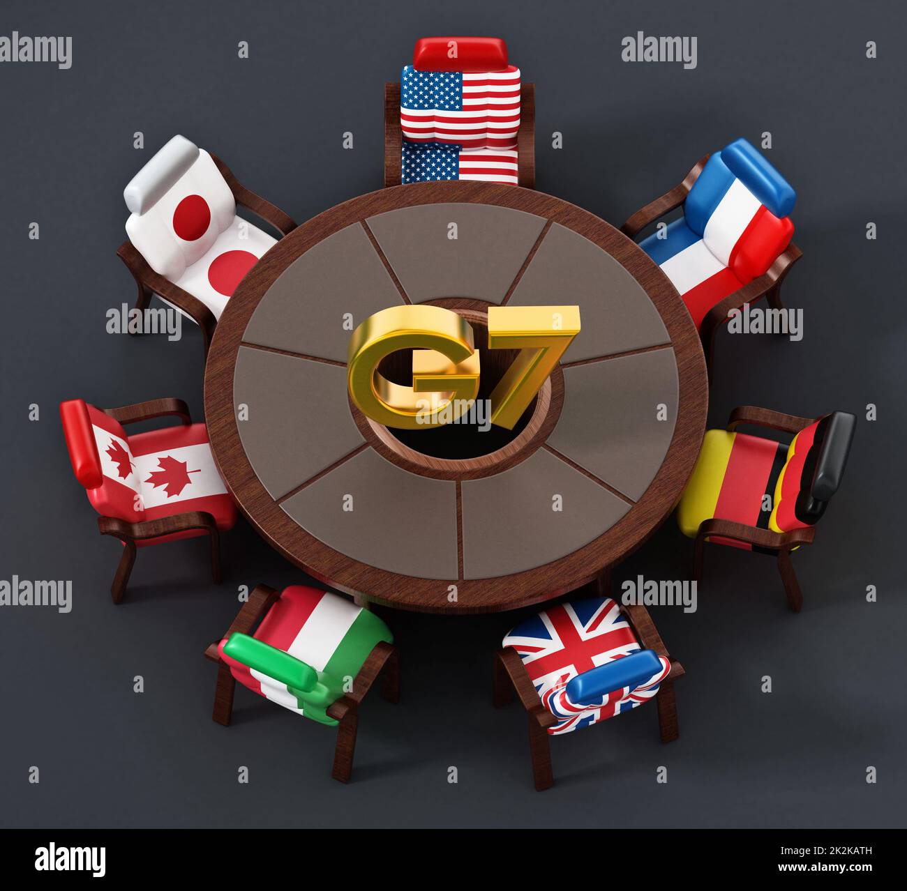 G7 drapeaux autour de la table ronde. 3D illustration Banque D'Images