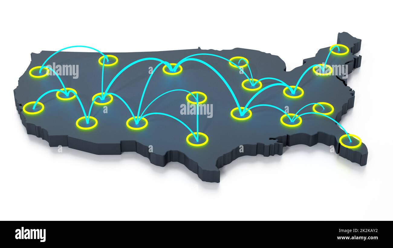 Réseau de points de voyage sur la carte des états-unis. 3D illustration Banque D'Images