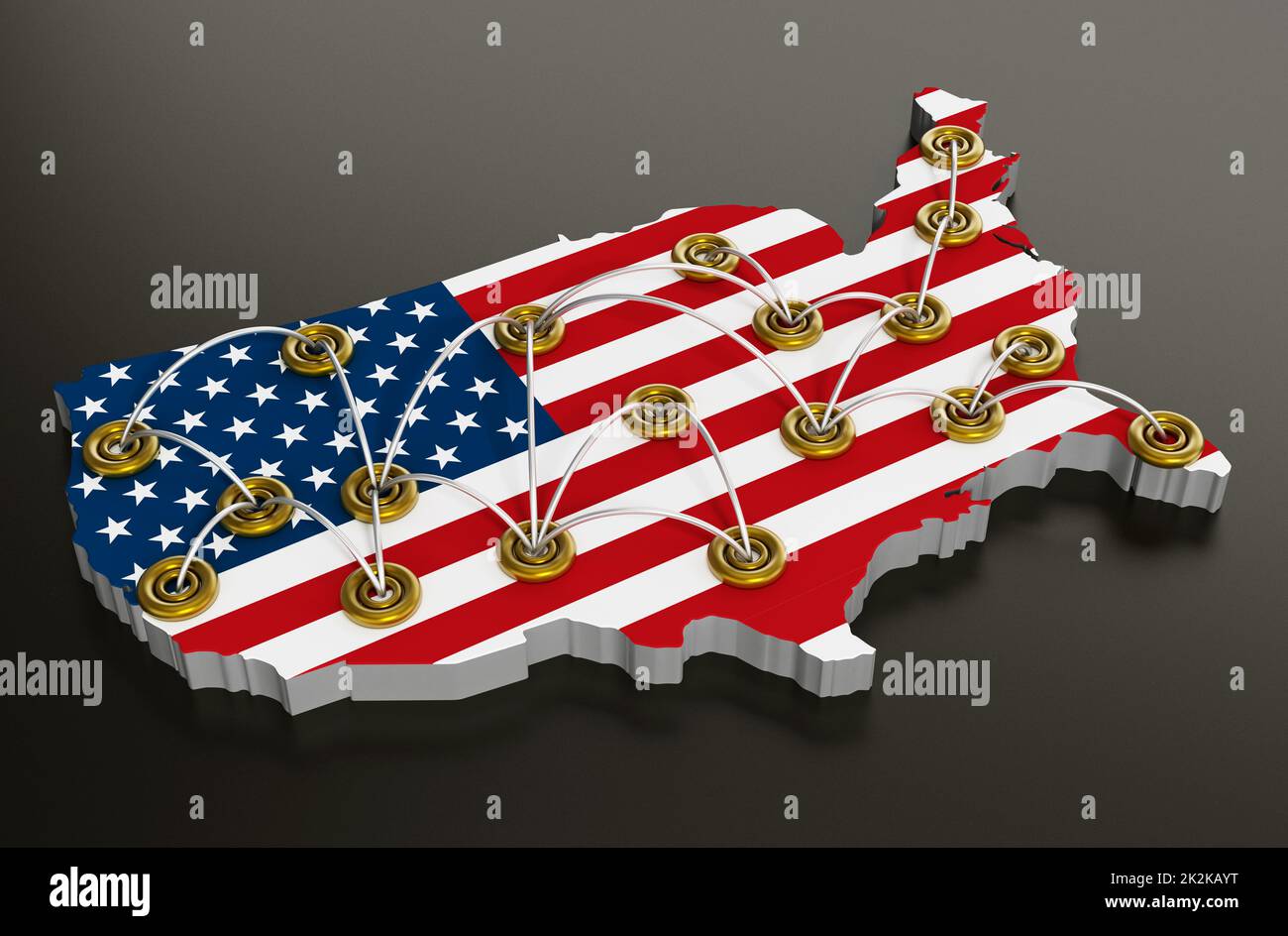 Réseau de points de voyage sur la carte des états-unis. 3D illustration Banque D'Images