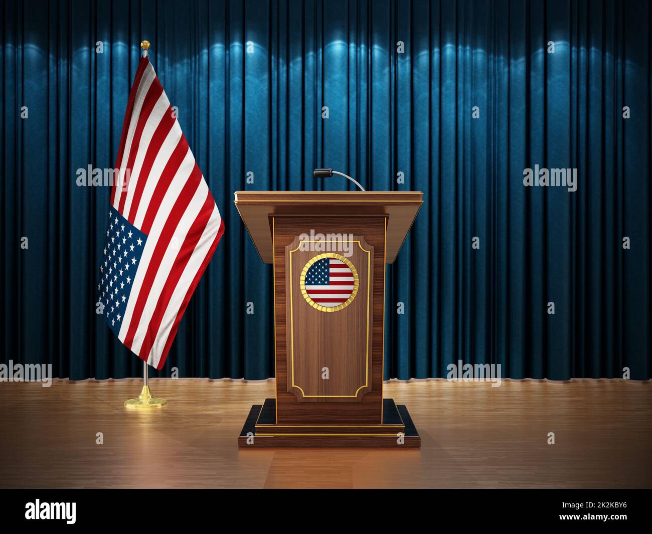 Conférence de presse avec drapeaux des Etats-Unis d'Amérique USA et pupitre contre le rideau bleu. 3D illustration Banque D'Images