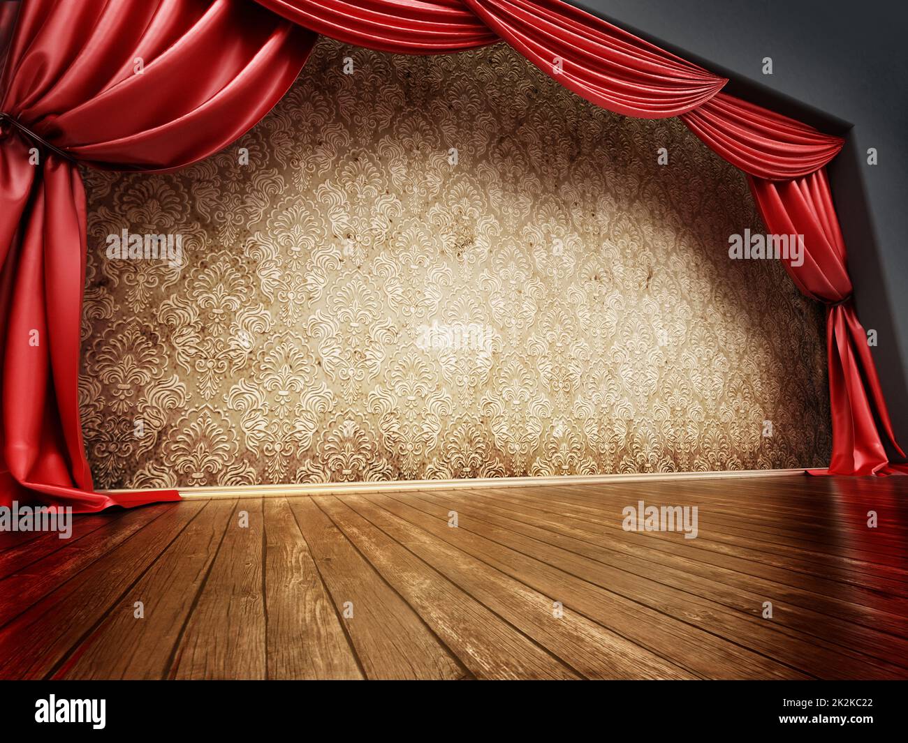 Théâtre avec rideau rouge et parquet. 3D illustration Banque D'Images