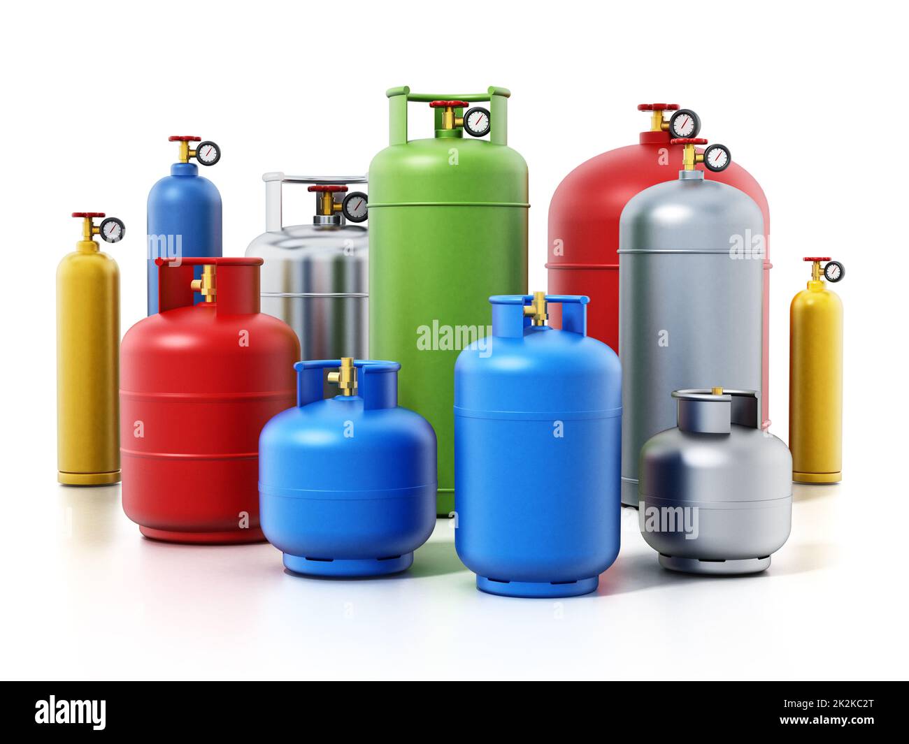 Bouteilles de gaz multicolores isolées sur fond blanc. 3D illustration Banque D'Images