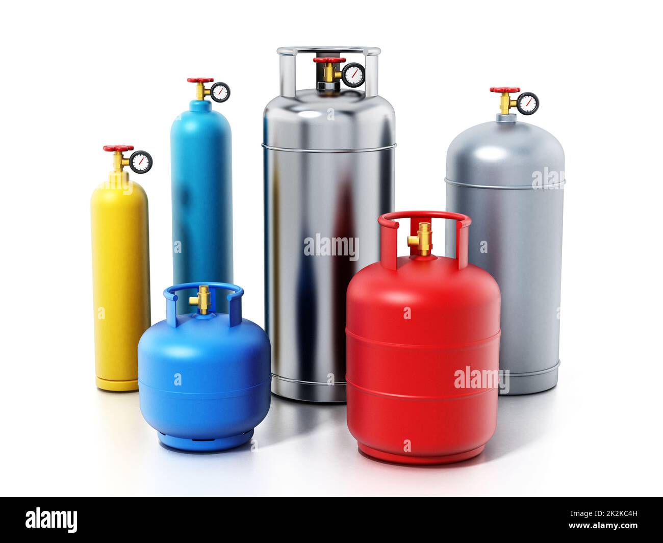 Bouteilles de gaz multicolores isolées sur fond blanc. 3D illustration Banque D'Images