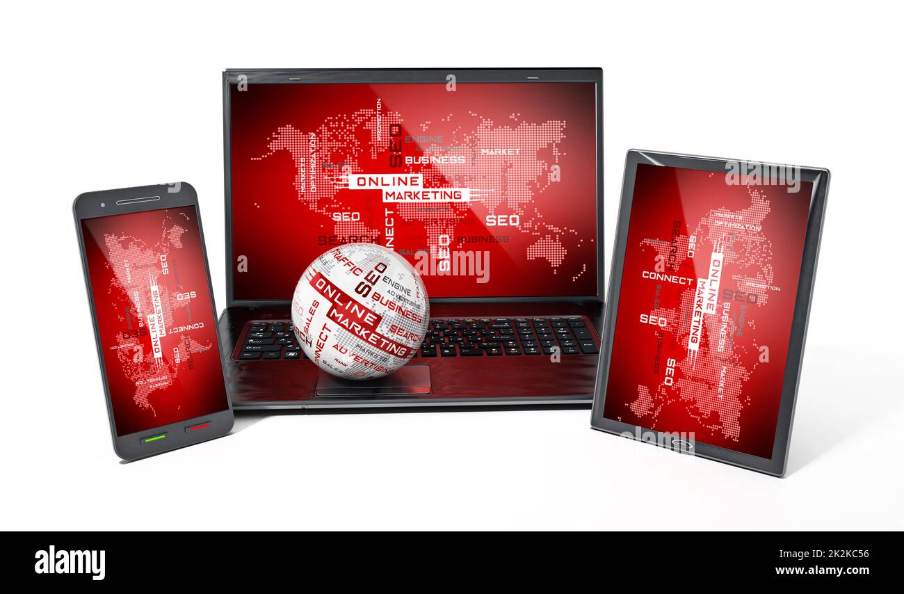 Ordinateur portable, tablette PC et smartphone. Concept de marketing en ligne Banque D'Images