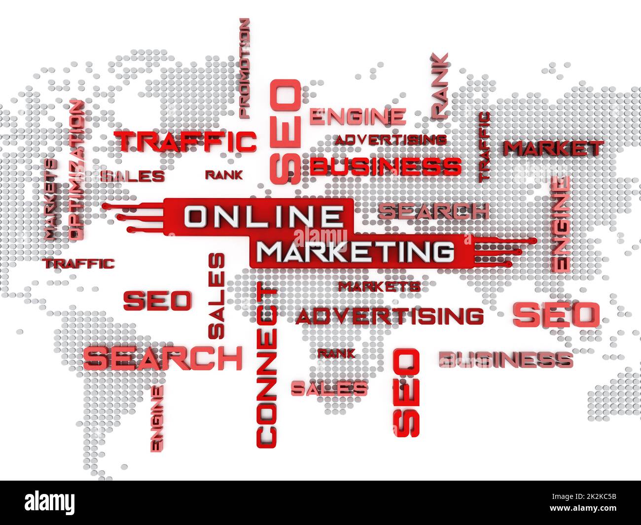 Mot clé de marketing en ligne avec fond de carte du monde. 3D illustration Banque D'Images