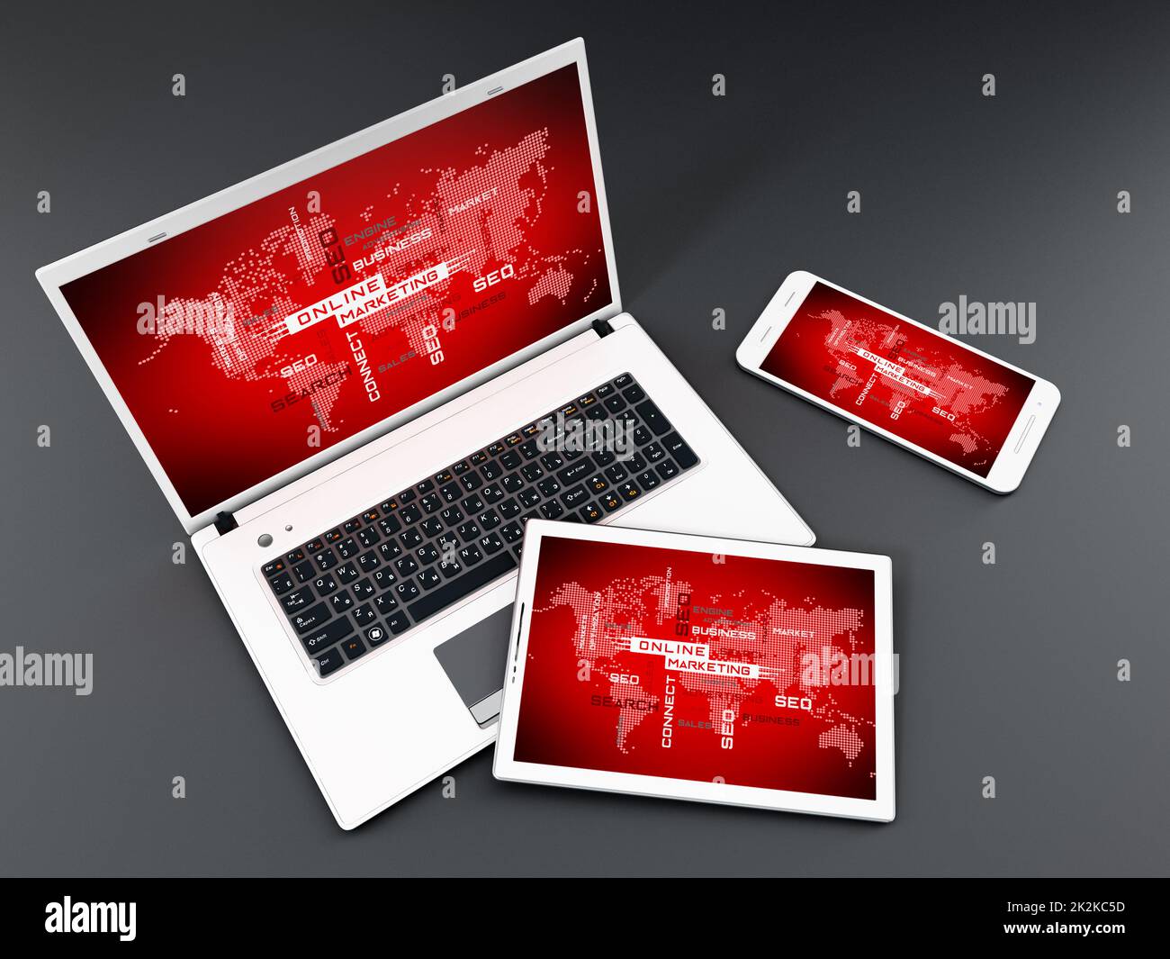 Ordinateur portable, tablette PC et smartphone. Concept de marketing en ligne Banque D'Images