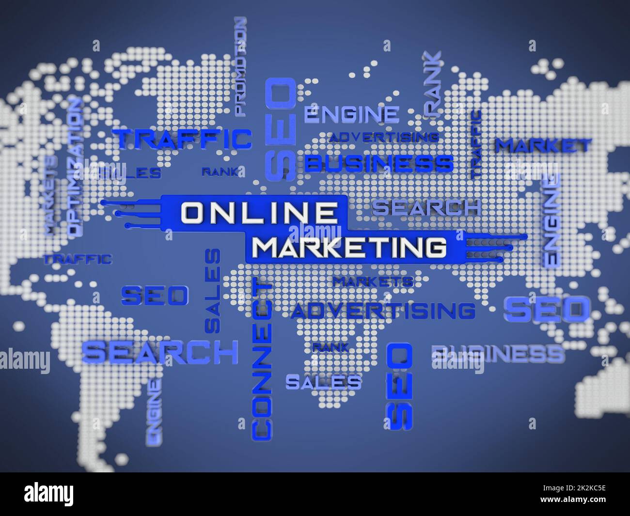 Mot clé de marketing en ligne avec fond de carte du monde. 3D illustration Banque D'Images