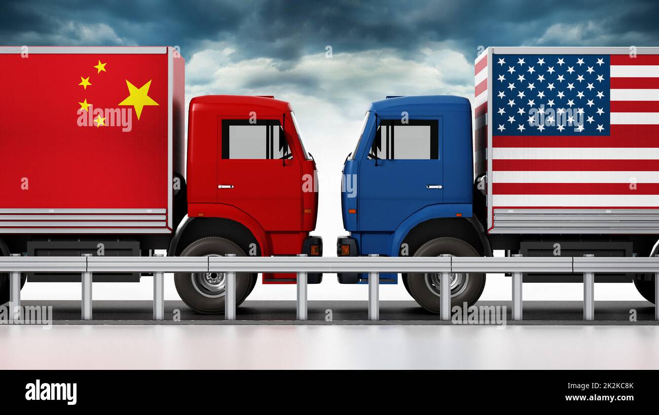 Les camions avec les drapeaux des États-Unis et de la Chine se trouvent sur une route étroite. 3D illustration Banque D'Images