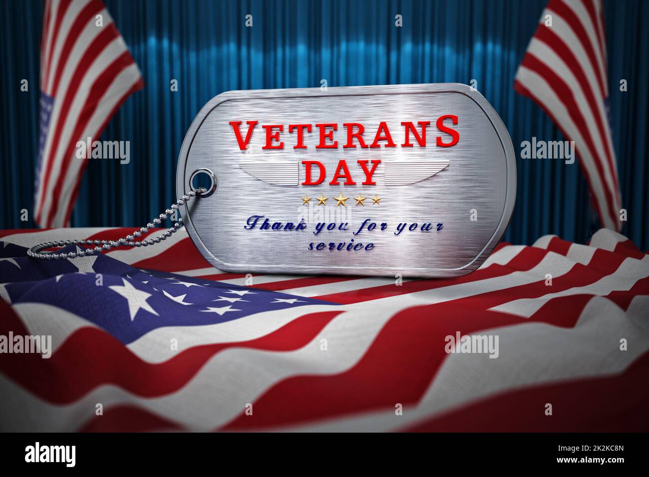 Chien de la fête des anciens combattants sur le drapeau américain. 3D illustration Banque D'Images