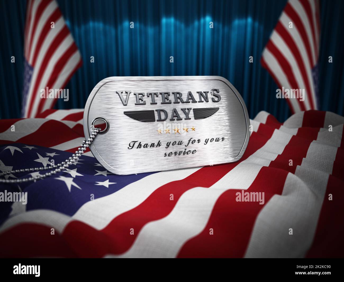 Chien de la fête des anciens combattants sur le drapeau américain. 3D illustration Banque D'Images