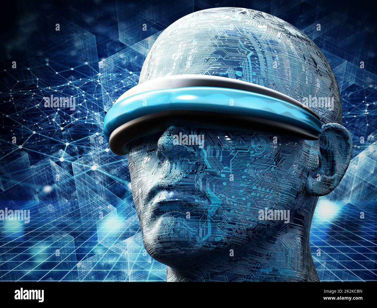 Tête portant des lunettes de réalité virtuelle sur fond de cyber-technologie. 3D illustration Banque D'Images