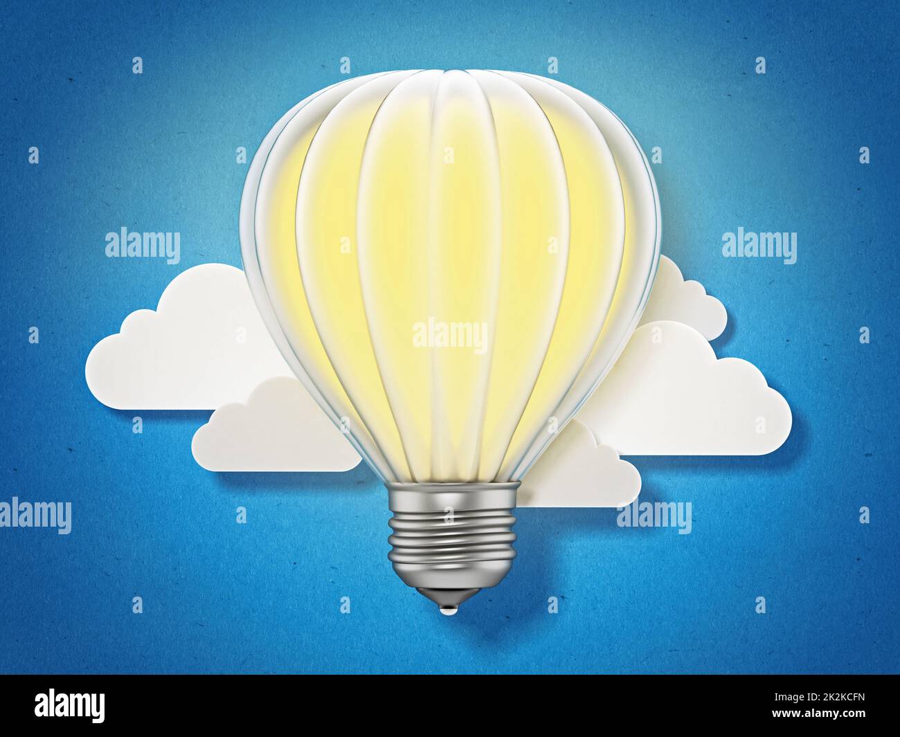Ballon d'ampoule volant parmi les nuages. 3D illustration Banque D'Images