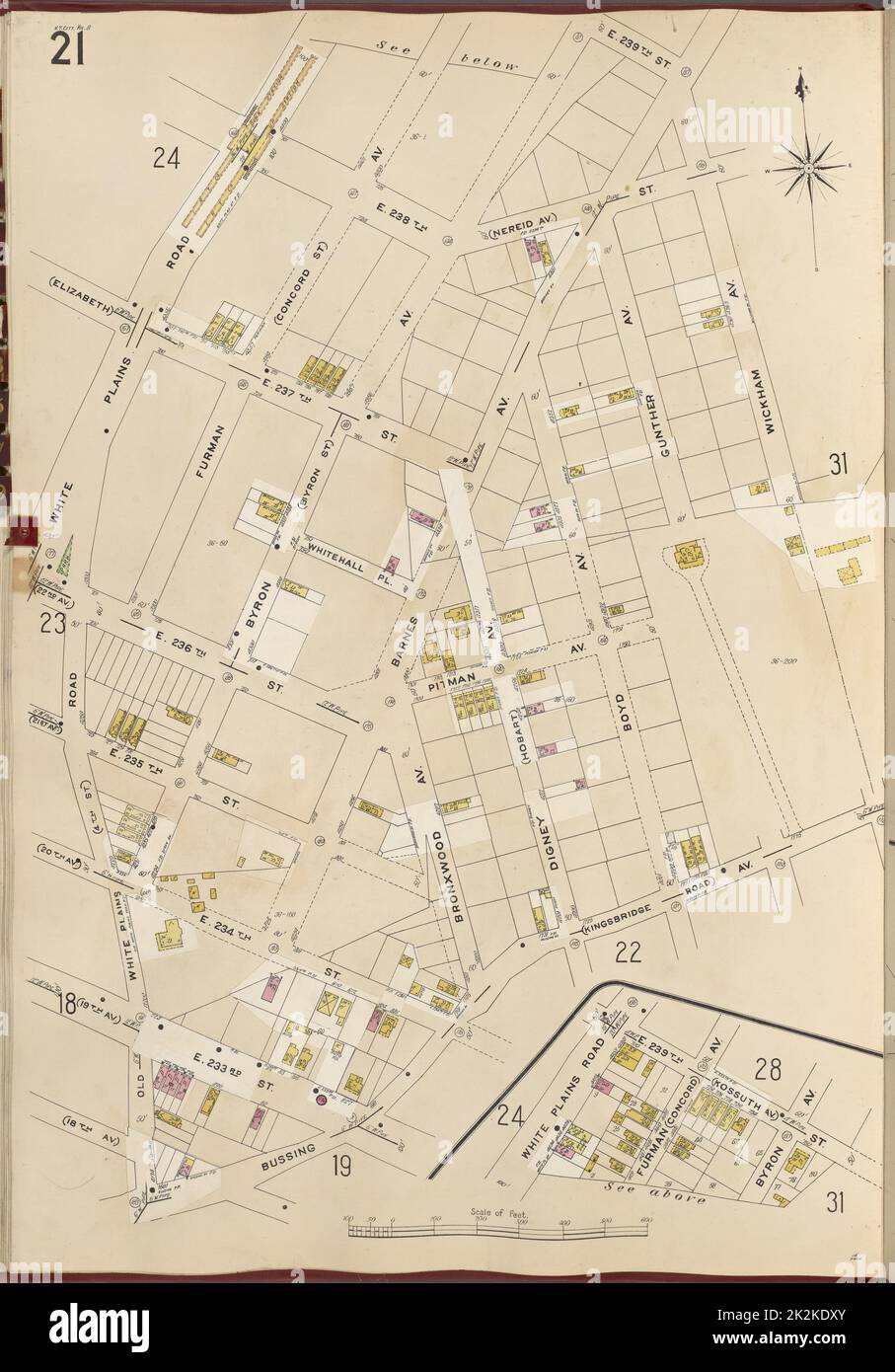 Cartographie, cartes. 1905 - 1908. Lionel Pincus et Princess Firyal Map Division. New York (New York) Bronx, V. B, plaque no 21 carte délimitée par la rue E. 239th, avenue Wickham, avenue Bussing, chemin White Plains Banque D'Images