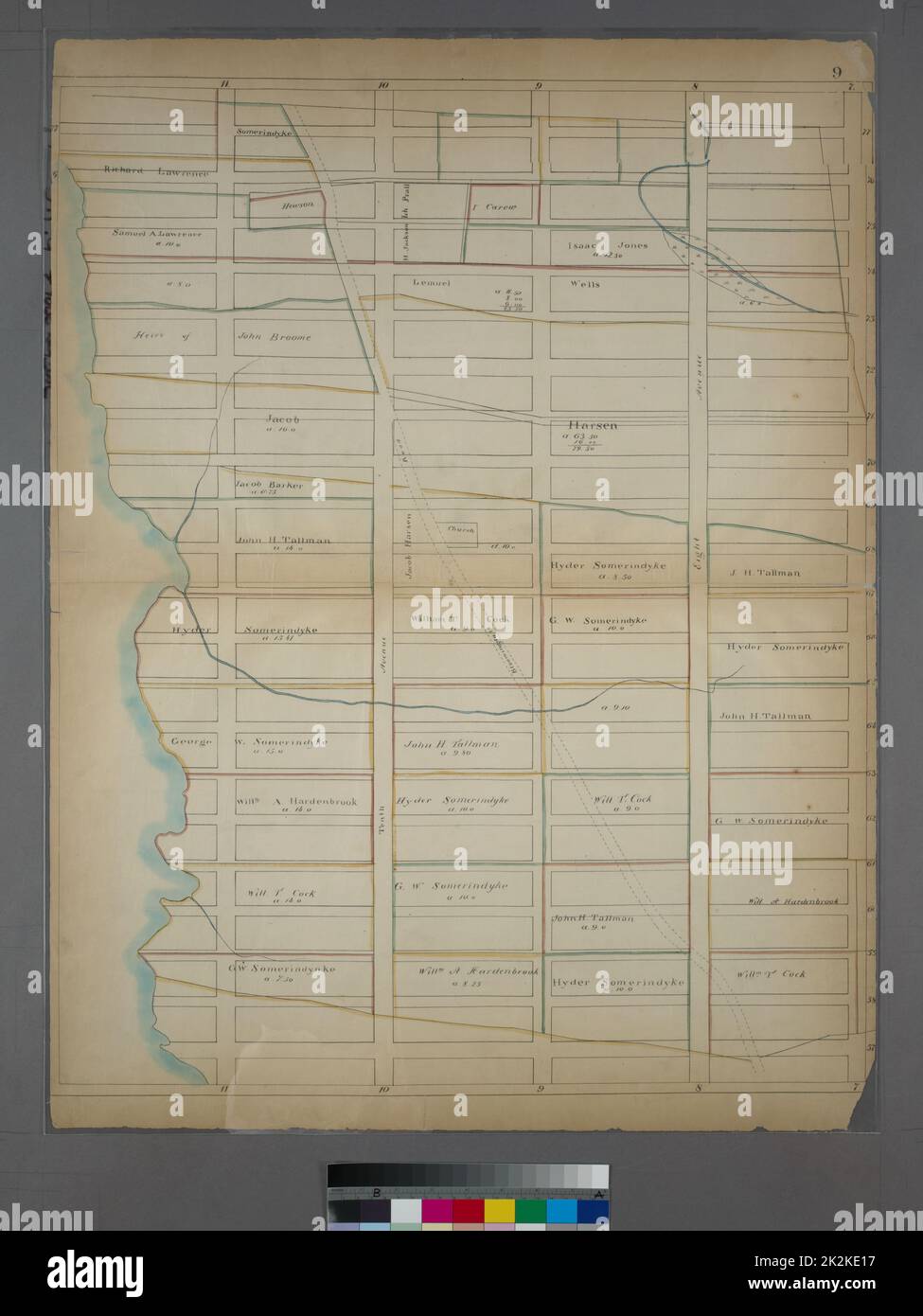 Cartographie, cartes. 1868. Lionel Pincus et Princess Firyal Division de la carte page 9 : délimitée par la rue W. 77th, (Central Park) septième Avenue (Lincoln Square), la rue W. 57th et la rivière Hudson. Ensemble Sackersdorff Farm. Banque D'Images