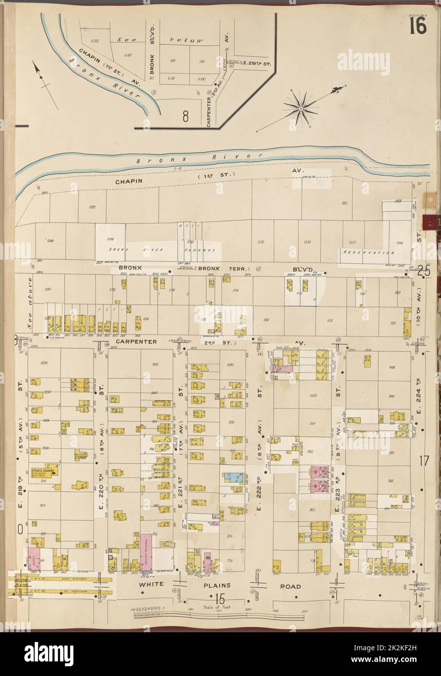 Cartographie, cartes. 1905 - 1908. Lionel Pincus et Princess Firyal Map Division. New York (New York) Bronx, V. B, plaque no 16 carte délimitée par Bronx River, E. 224th St., chemin White Plains, E. 219th St. Banque D'Images