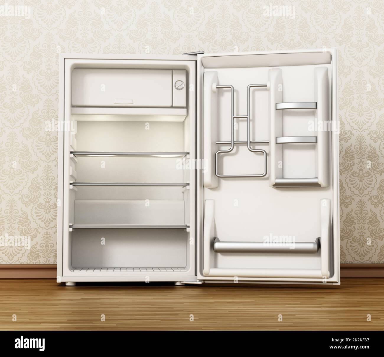 Petit réfrigérateur de l'hôtel sur parquet. 3D illustration Banque D'Images