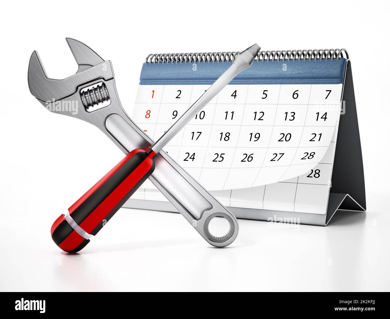 Clé croisée et tournevis avec calendrier de bureau isolé sur fond blanc. 3D illustration Banque D'Images