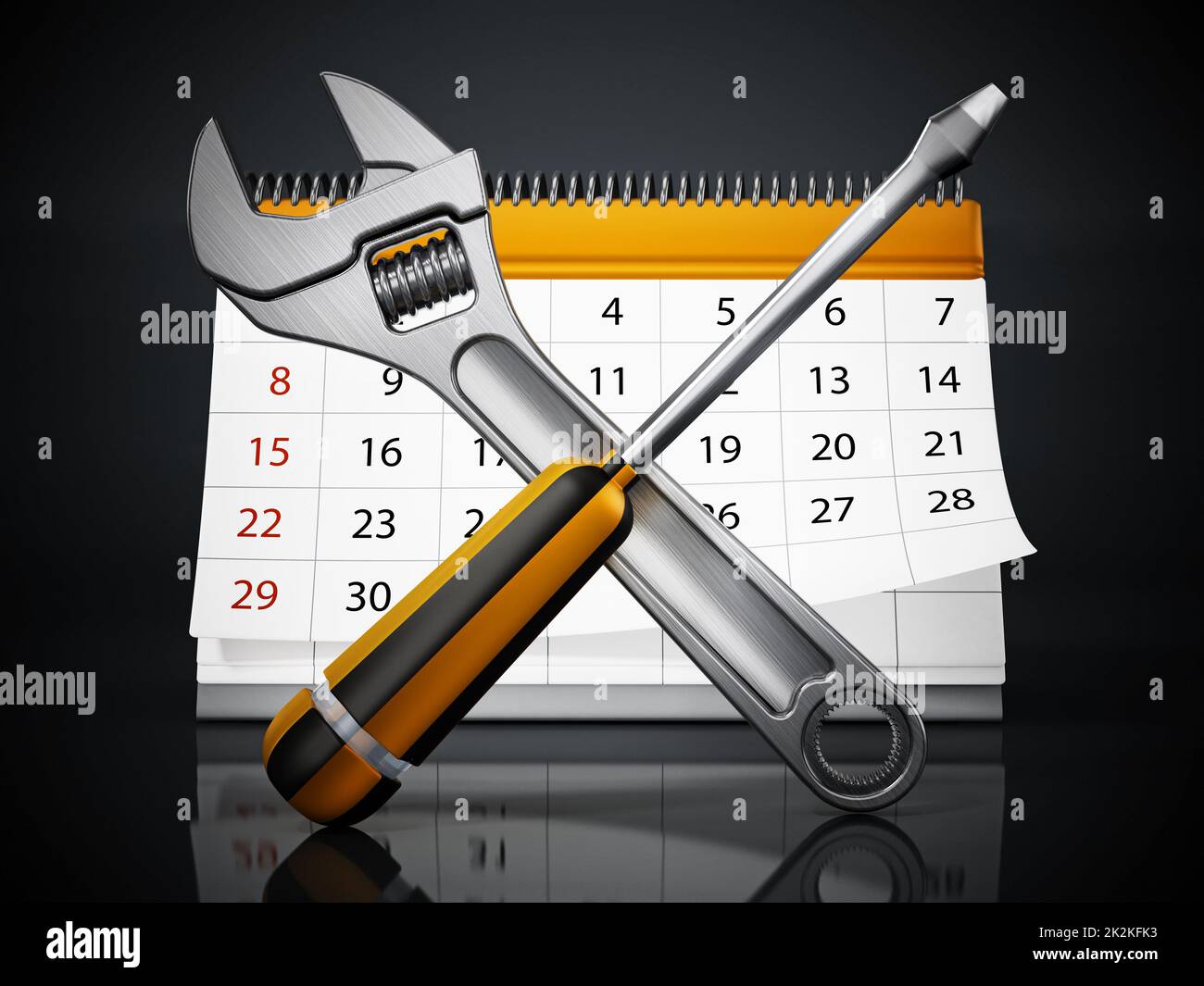 Clé croisée et tournevis avec calendrier de bureau isolé sur fond blanc. 3D illustration Banque D'Images