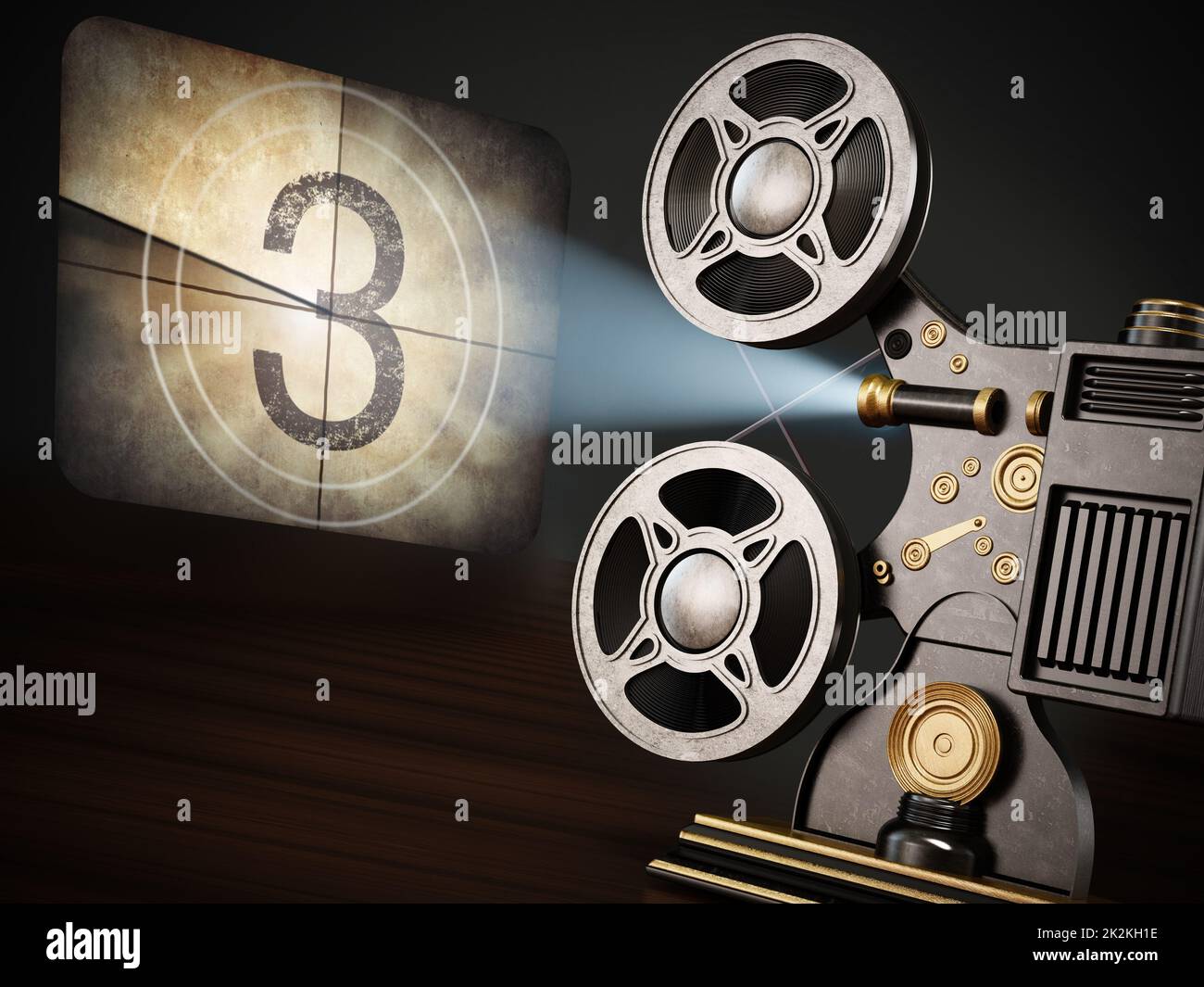 Le projecteur de cinéma vintage projette un écran de compte à rebours. 3D illustration Banque D'Images