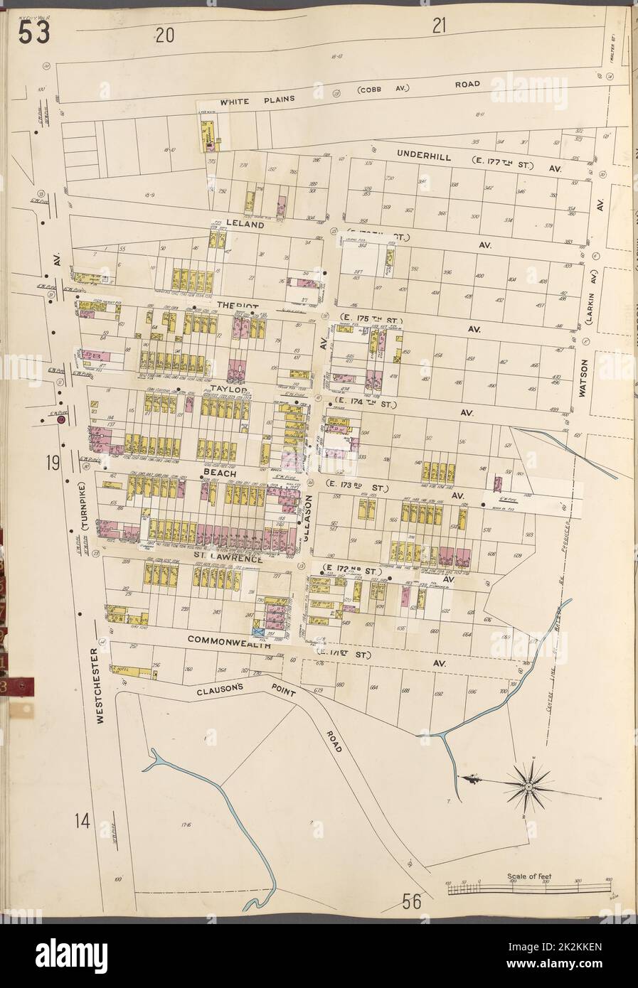 Cartographie, cartes. 1905 - 1908. Lionel Pincus et Princess Firyal Map Division. New York (New York) Bronx, V. A, plaque no 53 carte délimitée par le chemin White Plains, avenue Watson, chemin Clauson's point, avenue Westchester Banque D'Images
