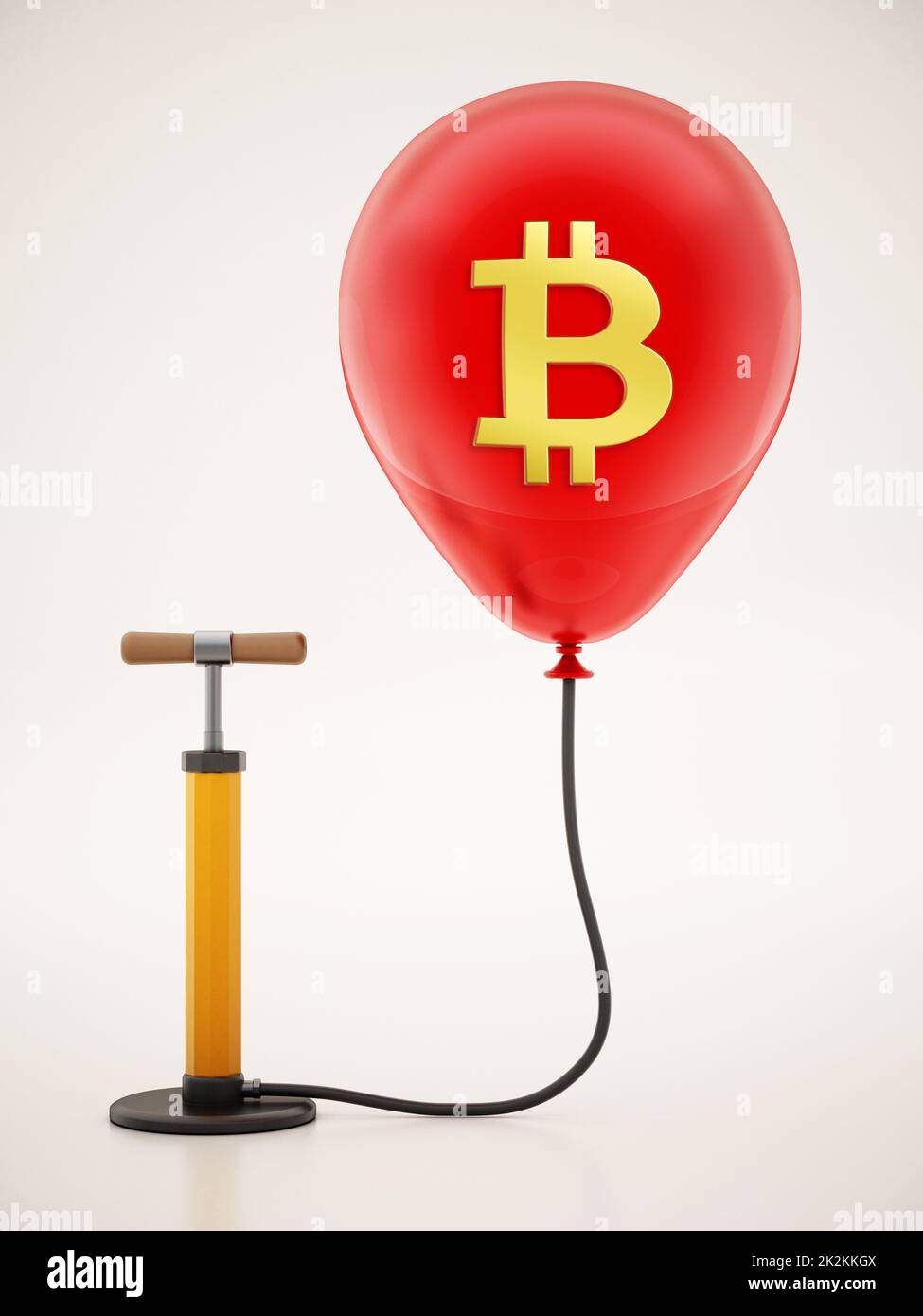 Pompe manuelle connectée au ballon rouge gonflé avec l'icône Bitcoin. 3D illustration Banque D'Images