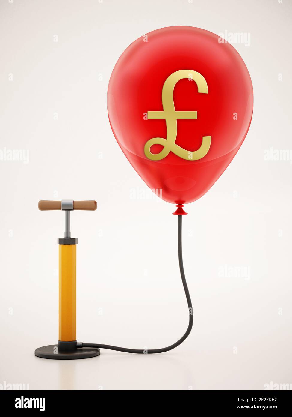 Pompe manuelle connectée au ballonnet rouge gonflé avec l'icône Pound. 3D illustration Banque D'Images