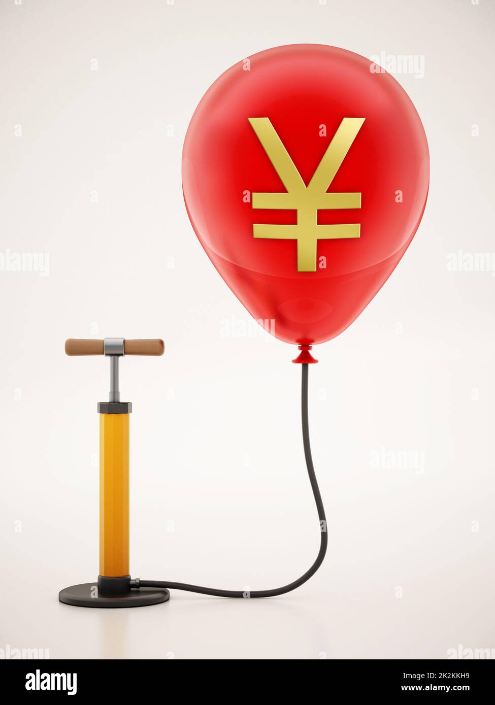 Pompe manuelle connectée au ballon rouge gonflé avec l'icône Yen. 3D illustration Banque D'Images