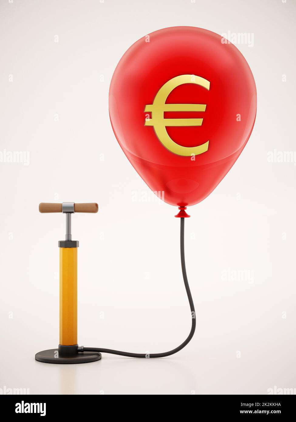 Pompe manuelle connectée au ballon rouge gonflé avec icône Euro. 3D illustration Banque D'Images