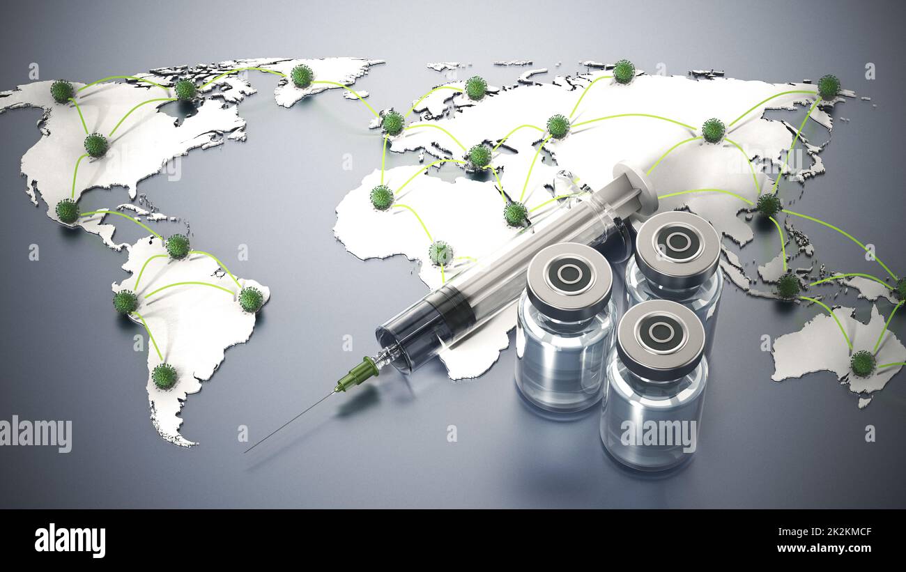 Flacons et seringue de vaccin Covid 19 sur la carte du monde. 3D illustration Banque D'Images