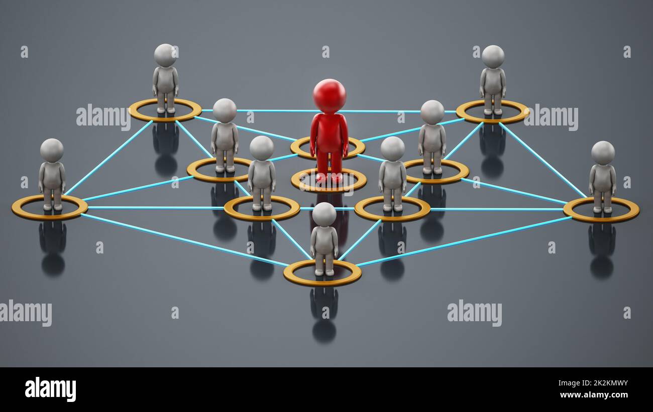 3D caractères simplistes liés les uns aux autres avec une figure rouge au centre. Concept de réseau d'entreprise. 3D illustration Banque D'Images