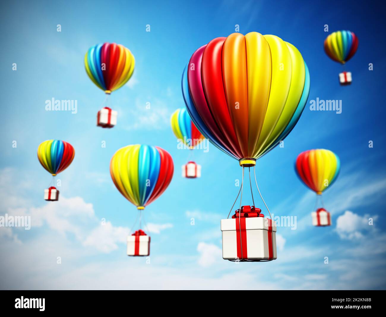 Ballons à air chaud colorés caryant boîte cadeau blanche enveloppée de ruban rouge. 3D illustration Banque D'Images